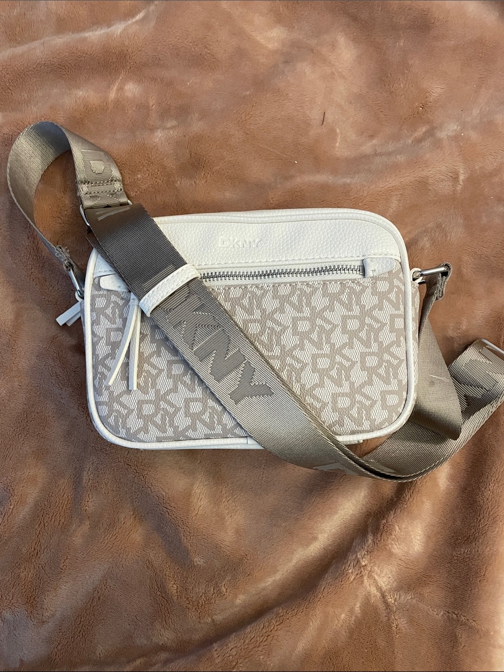 DKNY Beige and White Crossbody Camera Bag